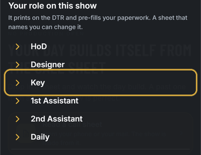 The role sheet with Key circled