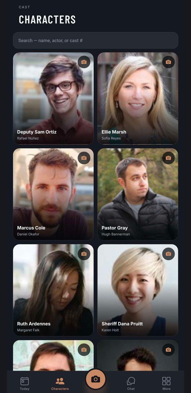 Lookbook's Characters wall: cast cards with character names and the actors who play them.