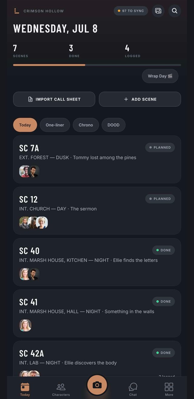 Lookbook's Today board: the shoot day's scenes with status, cast, and progress at a glance.